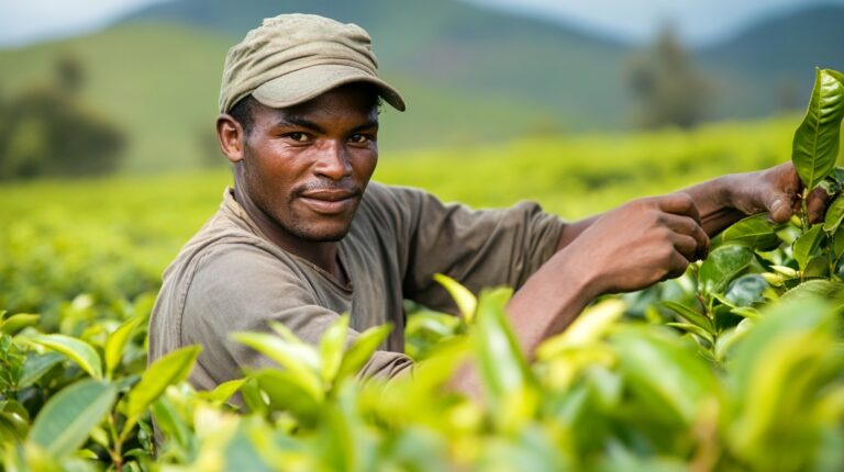 A farmer harvesting tea leaves in a lush green field.